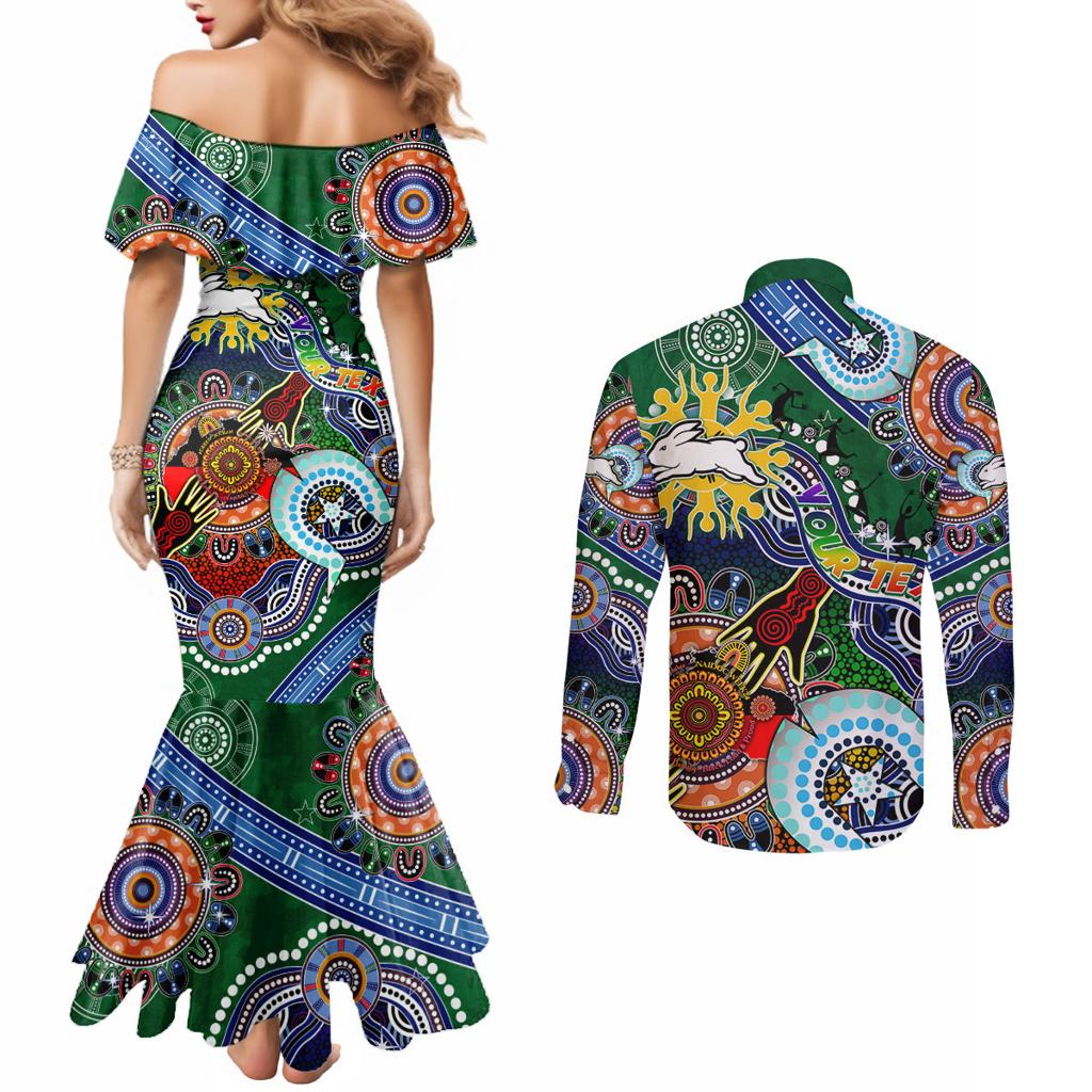 Personalised Rabbitohs NAIDOC Week 2024 Couples Matching Mermaid Dress and Long Sleeve Button Shirt Australia Aboriginal Dot Painting