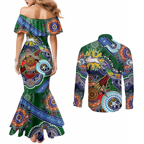 Personalised Rabbitohs NAIDOC Week 2024 Couples Matching Mermaid Dress and Long Sleeve Button Shirt Australia Aboriginal Dot Painting