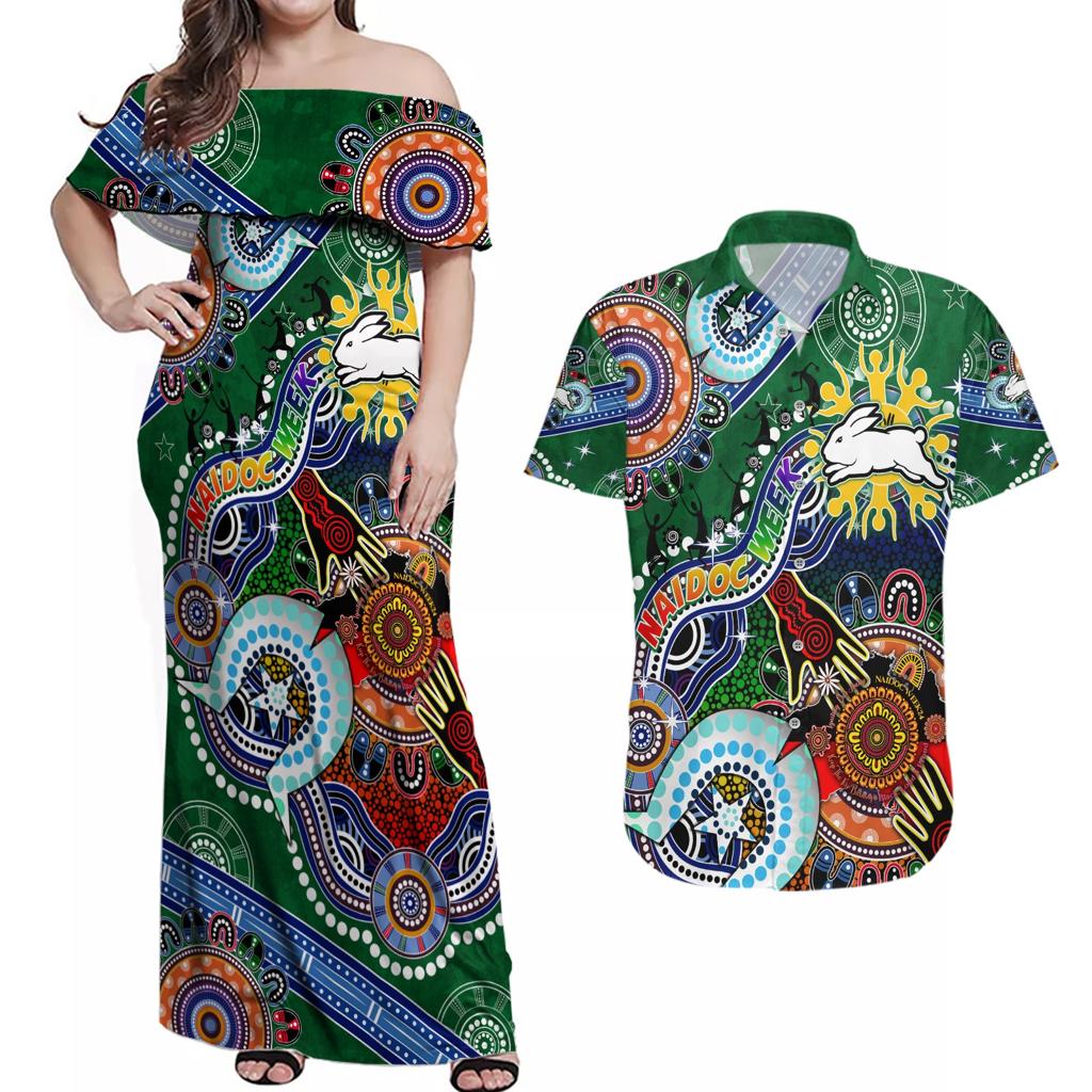 Personalised Rabbitohs NAIDOC Week 2024 Couples Matching Off Shoulder Maxi Dress and Hawaiian Shirt Australia Aboriginal Dot Painting