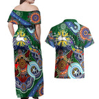Personalised Rabbitohs NAIDOC Week 2024 Couples Matching Off Shoulder Maxi Dress and Hawaiian Shirt Australia Aboriginal Dot Painting