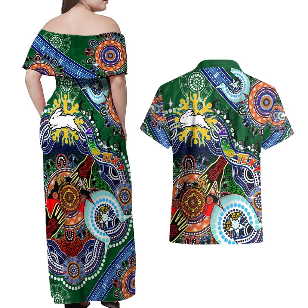 Personalised Rabbitohs NAIDOC Week 2024 Couples Matching Off Shoulder Maxi Dress and Hawaiian Shirt Australia Aboriginal Dot Painting