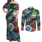 Personalised Rabbitohs NAIDOC Week 2024 Couples Matching Off Shoulder Maxi Dress and Long Sleeve Button Shirt Australia Aboriginal Dot Painting