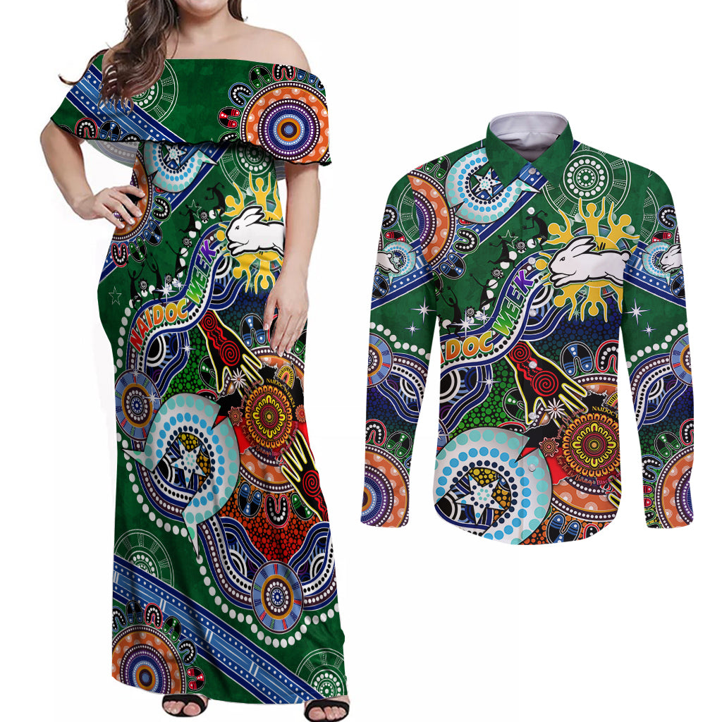 Personalised Rabbitohs NAIDOC Week 2024 Couples Matching Off Shoulder Maxi Dress and Long Sleeve Button Shirt Australia Aboriginal Dot Painting