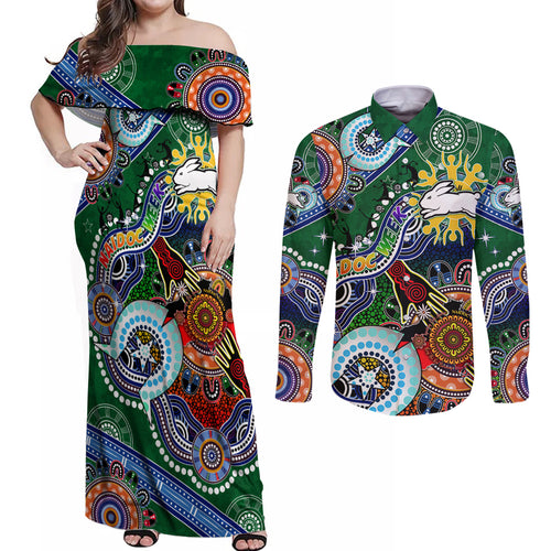 Personalised Rabbitohs NAIDOC Week 2024 Couples Matching Off Shoulder Maxi Dress and Long Sleeve Button Shirt Australia Aboriginal Dot Painting