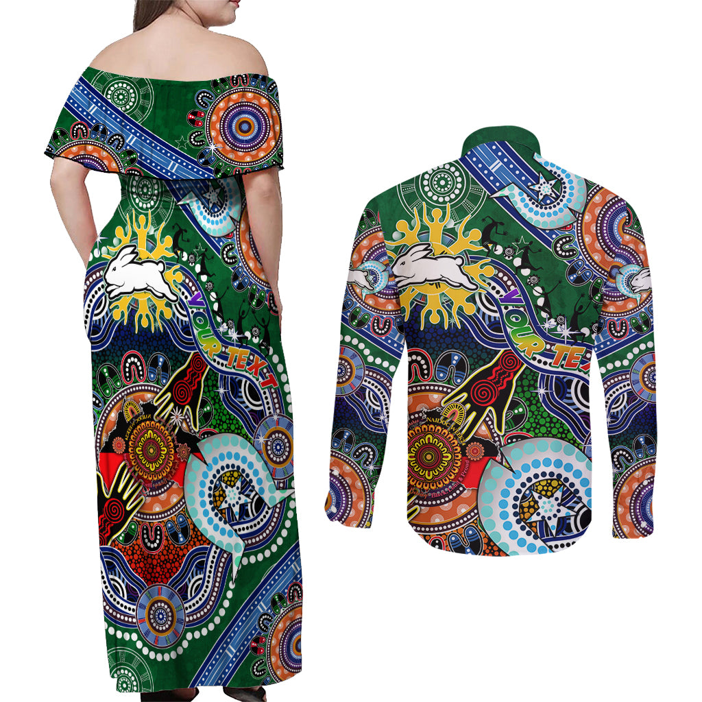 Personalised Rabbitohs NAIDOC Week 2024 Couples Matching Off Shoulder Maxi Dress and Long Sleeve Button Shirt Australia Aboriginal Dot Painting