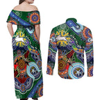 Personalised Rabbitohs NAIDOC Week 2024 Couples Matching Off Shoulder Maxi Dress and Long Sleeve Button Shirt Australia Aboriginal Dot Painting