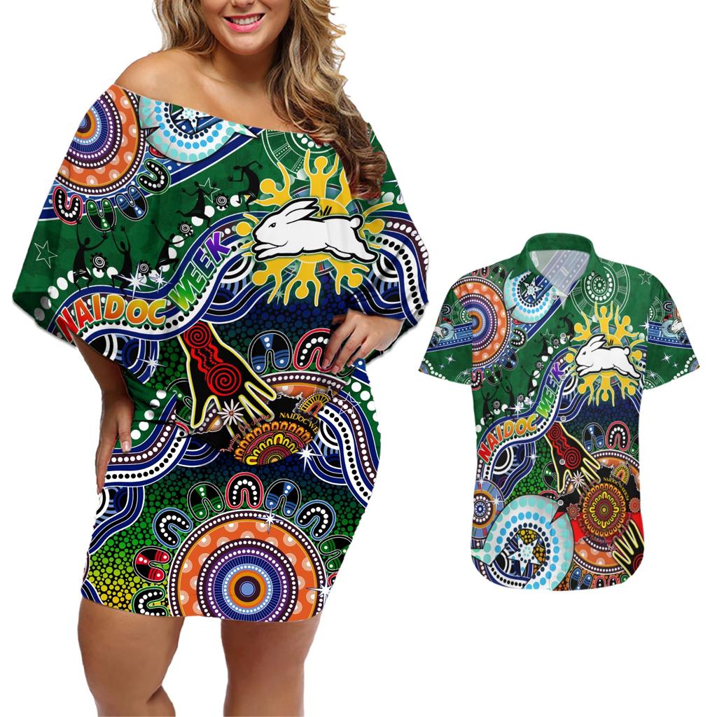 Personalised Rabbitohs NAIDOC Week 2024 Couples Matching Off Shoulder Short Dress and Hawaiian Shirt Australia Aboriginal Dot Painting