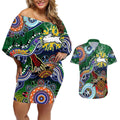 Personalised Rabbitohs NAIDOC Week 2024 Couples Matching Off Shoulder Short Dress and Hawaiian Shirt Australia Aboriginal Dot Painting