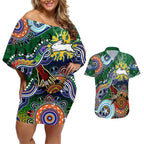 Personalised Rabbitohs NAIDOC Week 2024 Couples Matching Off Shoulder Short Dress and Hawaiian Shirt Australia Aboriginal Dot Painting