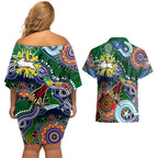 Personalised Rabbitohs NAIDOC Week 2024 Couples Matching Off Shoulder Short Dress and Hawaiian Shirt Australia Aboriginal Dot Painting