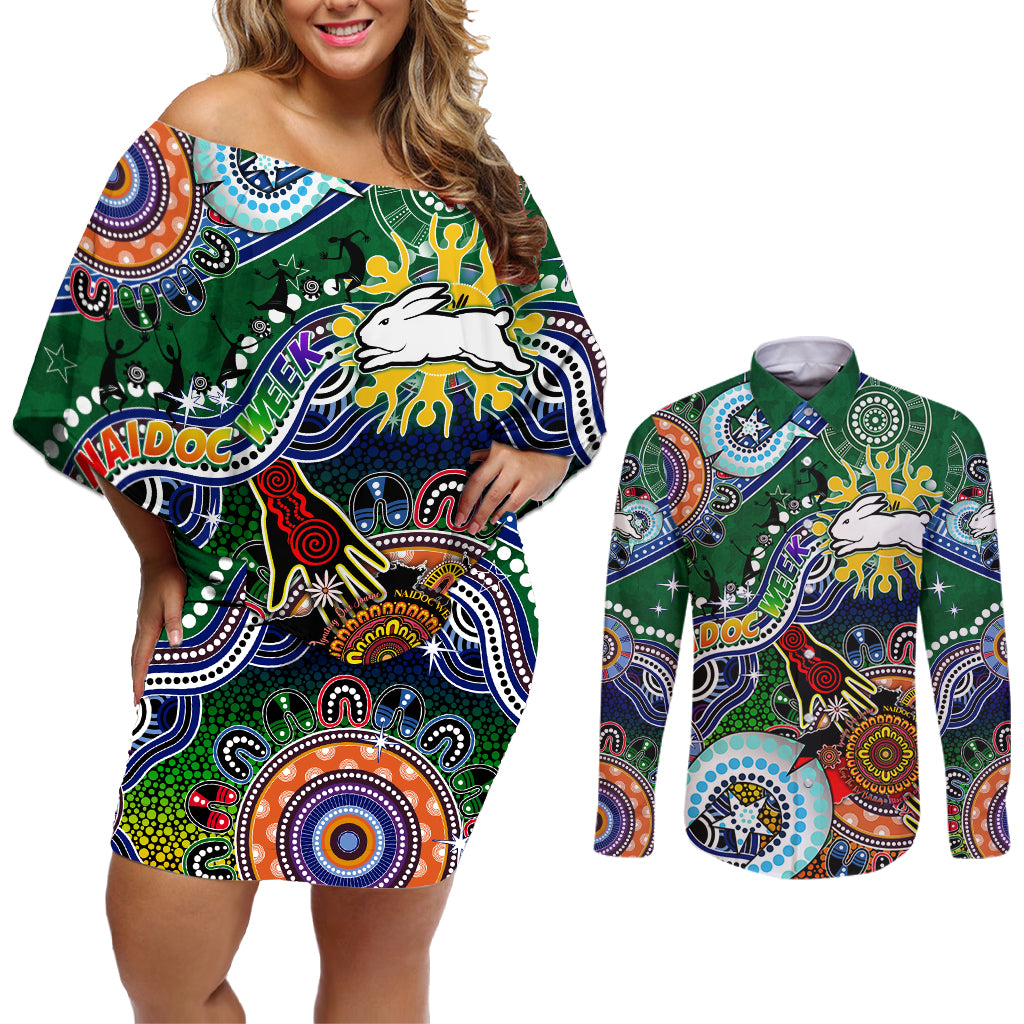 Personalised Rabbitohs NAIDOC Week 2024 Couples Matching Off Shoulder Short Dress and Long Sleeve Button Shirt Australia Aboriginal Dot Painting