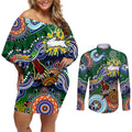 Personalised Rabbitohs NAIDOC Week 2024 Couples Matching Off Shoulder Short Dress and Long Sleeve Button Shirt Australia Aboriginal Dot Painting