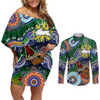 Personalised Rabbitohs NAIDOC Week 2024 Couples Matching Off Shoulder Short Dress and Long Sleeve Button Shirt Australia Aboriginal Dot Painting