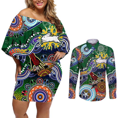 Personalised Rabbitohs NAIDOC Week 2024 Couples Matching Off Shoulder Short Dress and Long Sleeve Button Shirt Australia Aboriginal Dot Painting