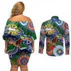 Personalised Rabbitohs NAIDOC Week 2024 Couples Matching Off Shoulder Short Dress and Long Sleeve Button Shirt Australia Aboriginal Dot Painting