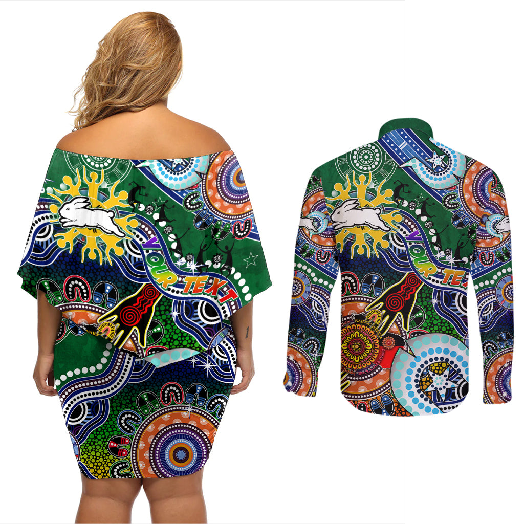Personalised Rabbitohs NAIDOC Week 2024 Couples Matching Off Shoulder Short Dress and Long Sleeve Button Shirt Australia Aboriginal Dot Painting