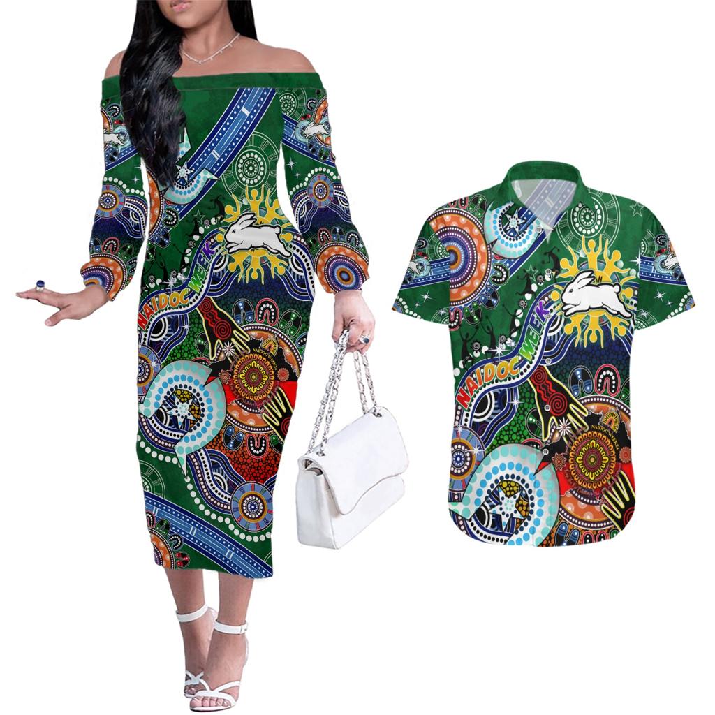 Personalised Rabbitohs NAIDOC Week 2024 Couples Matching Off The Shoulder Long Sleeve Dress and Hawaiian Shirt Australia Aboriginal Dot Painting