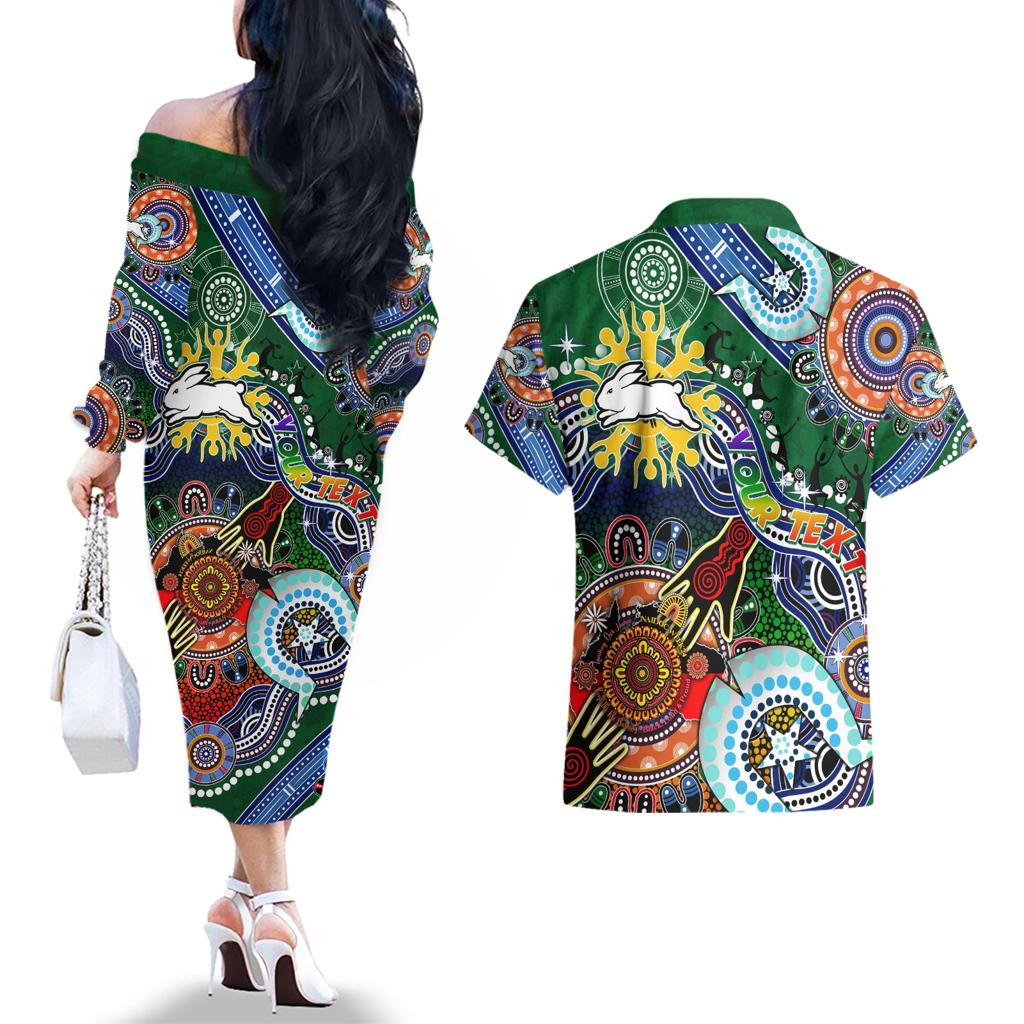 Personalised Rabbitohs NAIDOC Week 2024 Couples Matching Off The Shoulder Long Sleeve Dress and Hawaiian Shirt Australia Aboriginal Dot Painting