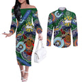 Personalised Rabbitohs NAIDOC Week 2024 Couples Matching Off The Shoulder Long Sleeve Dress and Long Sleeve Button Shirt Australia Aboriginal Dot Painting
