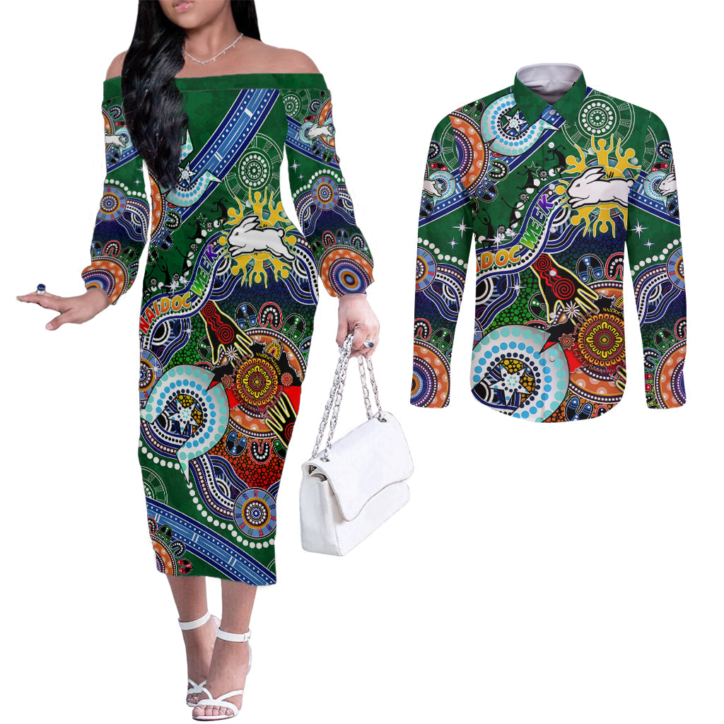 Personalised Rabbitohs NAIDOC Week 2024 Couples Matching Off The Shoulder Long Sleeve Dress and Long Sleeve Button Shirt Australia Aboriginal Dot Painting