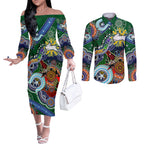 Personalised Rabbitohs NAIDOC Week 2024 Couples Matching Off The Shoulder Long Sleeve Dress and Long Sleeve Button Shirt Australia Aboriginal Dot Painting