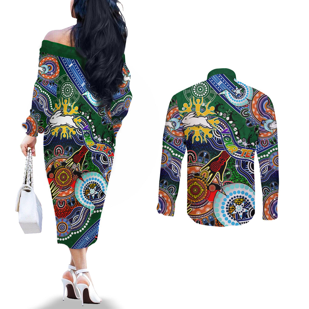 Personalised Rabbitohs NAIDOC Week 2024 Couples Matching Off The Shoulder Long Sleeve Dress and Long Sleeve Button Shirt Australia Aboriginal Dot Painting
