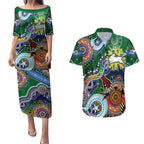 Personalised Rabbitohs NAIDOC Week 2024 Couples Matching Puletasi and Hawaiian Shirt Australia Aboriginal Dot Painting