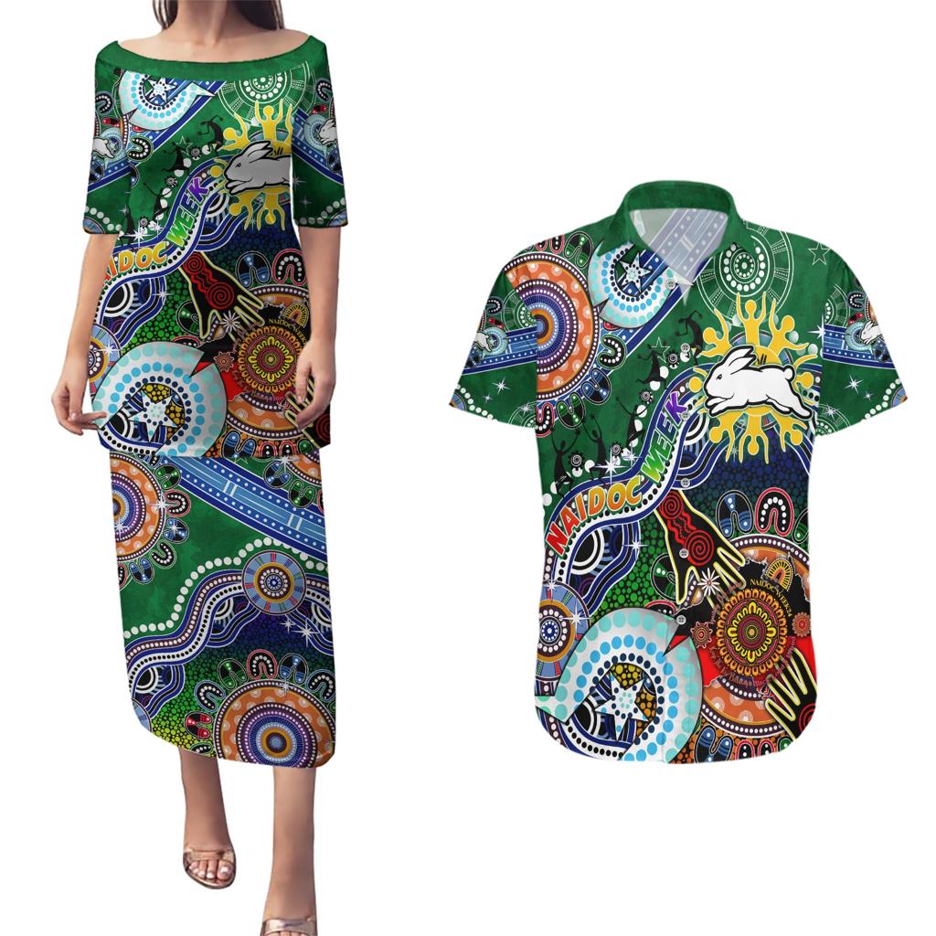 Personalised Rabbitohs NAIDOC Week 2024 Couples Matching Puletasi and Hawaiian Shirt Australia Aboriginal Dot Painting