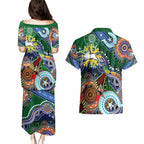 Personalised Rabbitohs NAIDOC Week 2024 Couples Matching Puletasi and Hawaiian Shirt Australia Aboriginal Dot Painting