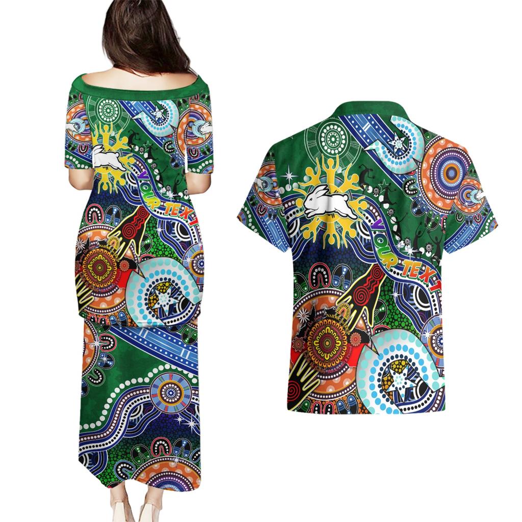 Personalised Rabbitohs NAIDOC Week 2024 Couples Matching Puletasi and Hawaiian Shirt Australia Aboriginal Dot Painting