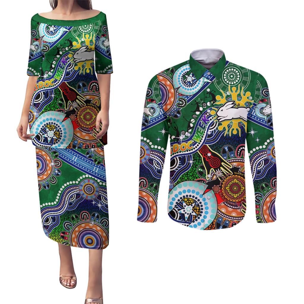 Personalised Rabbitohs NAIDOC Week 2024 Couples Matching Puletasi and Long Sleeve Button Shirt Australia Aboriginal Dot Painting