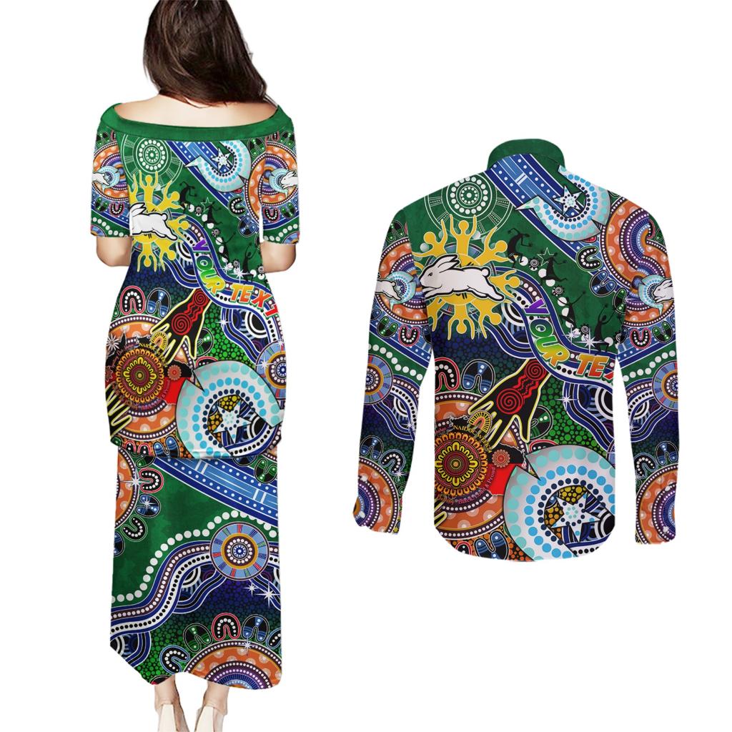 Personalised Rabbitohs NAIDOC Week 2024 Couples Matching Puletasi and Long Sleeve Button Shirt Australia Aboriginal Dot Painting