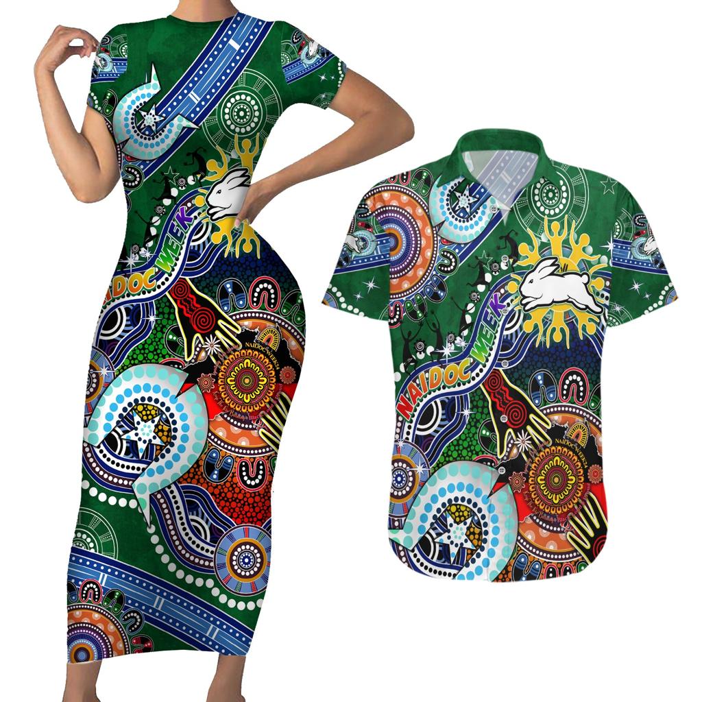 Personalised Rabbitohs NAIDOC Week 2024 Couples Matching Short Sleeve Bodycon Dress and Hawaiian Shirt Australia Aboriginal Dot Painting