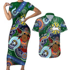 Personalised Rabbitohs NAIDOC Week 2024 Couples Matching Short Sleeve Bodycon Dress and Hawaiian Shirt Australia Aboriginal Dot Painting