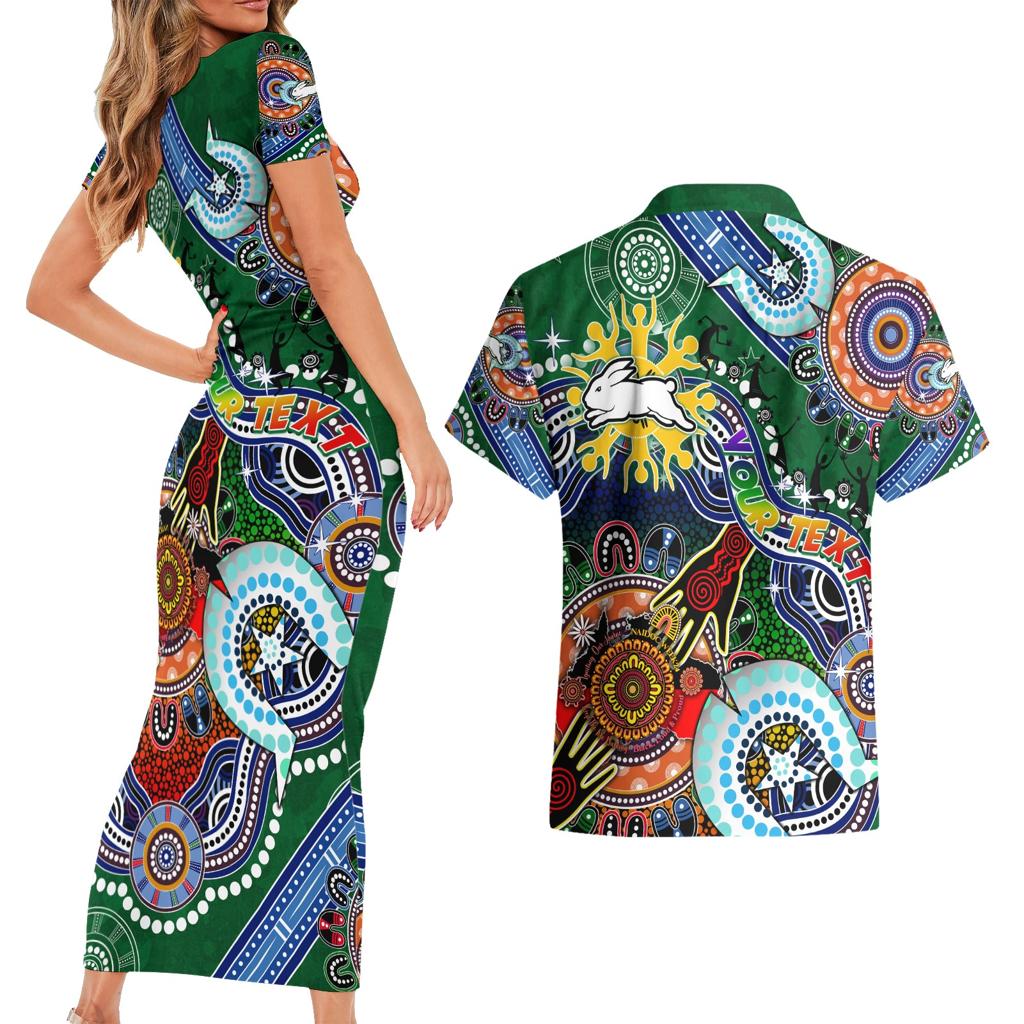 Personalised Rabbitohs NAIDOC Week 2024 Couples Matching Short Sleeve Bodycon Dress and Hawaiian Shirt Australia Aboriginal Dot Painting