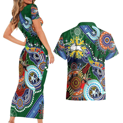 Personalised Rabbitohs NAIDOC Week 2024 Couples Matching Short Sleeve Bodycon Dress and Hawaiian Shirt Australia Aboriginal Dot Painting
