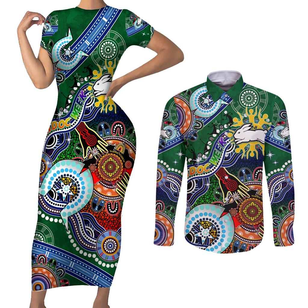 Personalised Rabbitohs NAIDOC Week 2024 Couples Matching Short Sleeve Bodycon Dress and Long Sleeve Button Shirt Australia Aboriginal Dot Painting