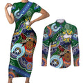 Personalised Rabbitohs NAIDOC Week 2024 Couples Matching Short Sleeve Bodycon Dress and Long Sleeve Button Shirt Australia Aboriginal Dot Painting