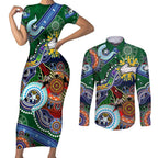 Personalised Rabbitohs NAIDOC Week 2024 Couples Matching Short Sleeve Bodycon Dress and Long Sleeve Button Shirt Australia Aboriginal Dot Painting