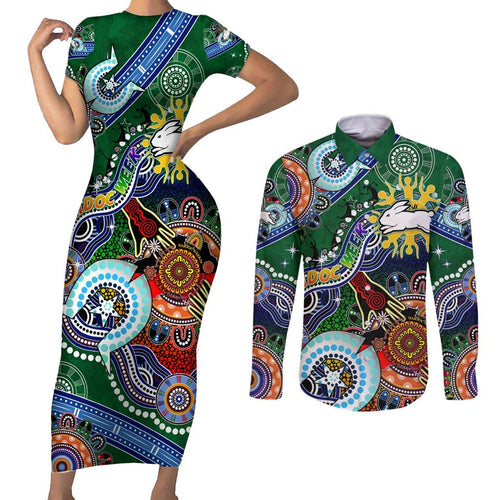 Personalised Rabbitohs NAIDOC Week 2024 Couples Matching Short Sleeve Bodycon Dress and Long Sleeve Button Shirt Australia Aboriginal Dot Painting