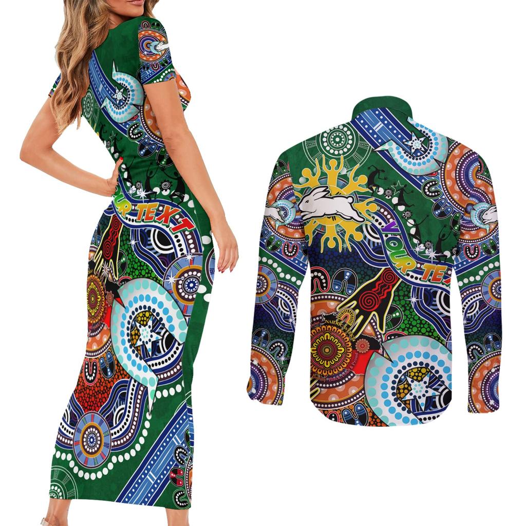 Personalised Rabbitohs NAIDOC Week 2024 Couples Matching Short Sleeve Bodycon Dress and Long Sleeve Button Shirt Australia Aboriginal Dot Painting