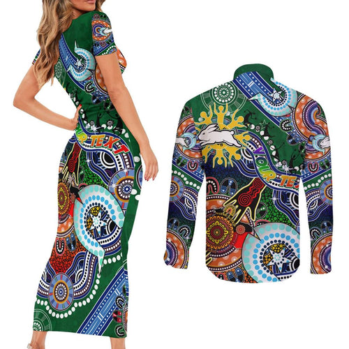 Personalised Rabbitohs NAIDOC Week 2024 Couples Matching Short Sleeve Bodycon Dress and Long Sleeve Button Shirt Australia Aboriginal Dot Painting