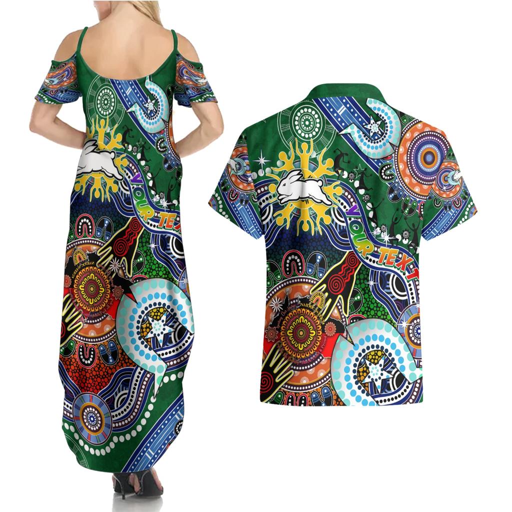 Personalised Rabbitohs NAIDOC Week 2024 Couples Matching Summer Maxi Dress and Hawaiian Shirt Australia Aboriginal Dot Painting