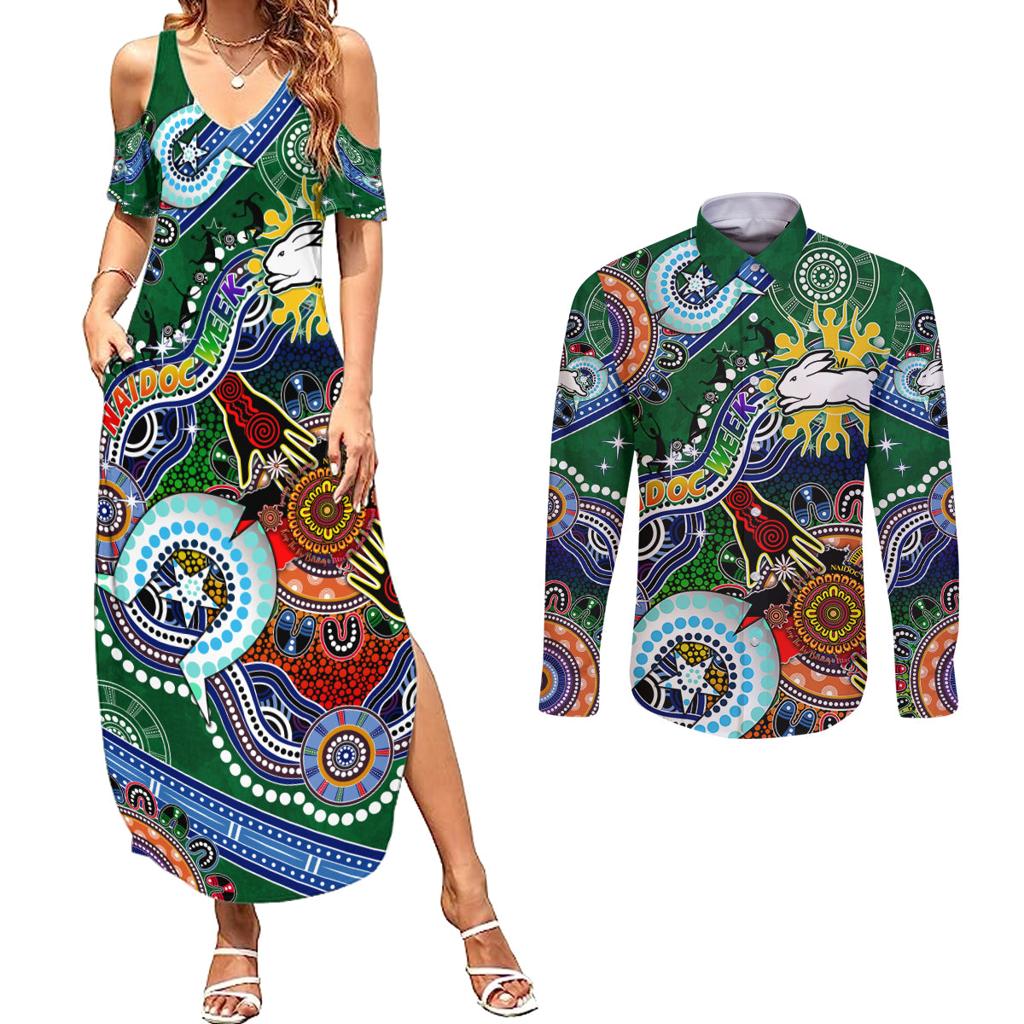 Personalised Rabbitohs NAIDOC Week 2024 Couples Matching Summer Maxi Dress and Long Sleeve Button Shirt Australia Aboriginal Dot Painting