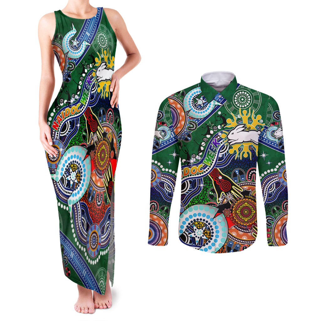 Personalised Rabbitohs NAIDOC Week 2024 Couples Matching Tank Maxi Dress and Long Sleeve Button Shirt Australia Aboriginal Dot Painting