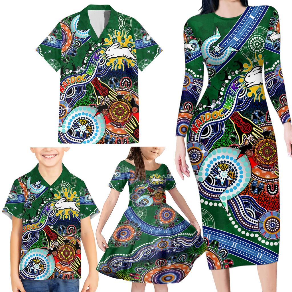 Personalised Rabbitohs NAIDOC Week 2024 Family Matching Long Sleeve Bodycon Dress and Hawaiian Shirt Australia Aboriginal Dot Painting