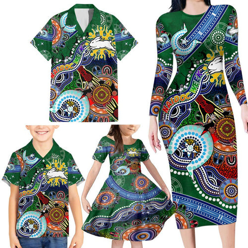 Personalised Rabbitohs NAIDOC Week 2024 Family Matching Long Sleeve Bodycon Dress and Hawaiian Shirt Australia Aboriginal Dot Painting
