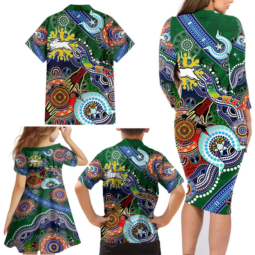 Personalised Rabbitohs NAIDOC Week 2024 Family Matching Long Sleeve Bodycon Dress and Hawaiian Shirt Australia Aboriginal Dot Painting