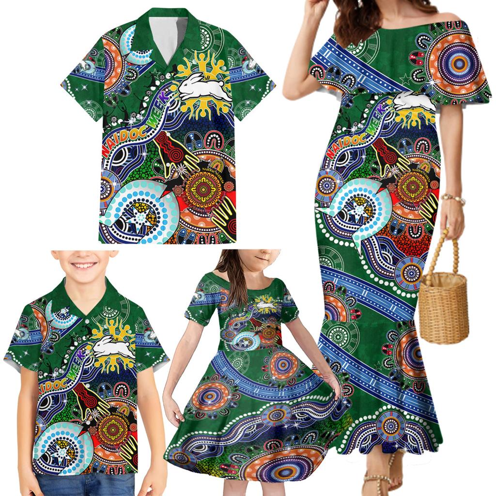Personalised Rabbitohs NAIDOC Week 2024 Family Matching Mermaid Dress and Hawaiian Shirt Australia Aboriginal Dot Painting