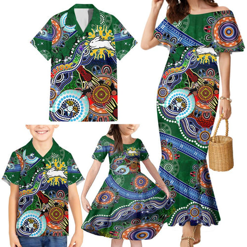 Personalised Rabbitohs NAIDOC Week 2024 Family Matching Mermaid Dress and Hawaiian Shirt Australia Aboriginal Dot Painting